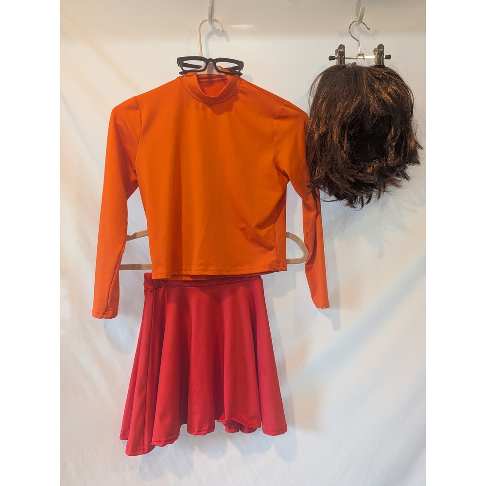 Velma Scooby-Doo Costume Kids L 10-12 Orange Turtleneck Red Skirt Wig Glasses